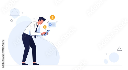 Businessman working on laptop, receiving online payment notification with dollar coins