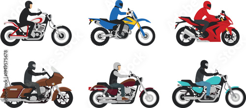 Flat vector illustration of motorcycle riders, different motorbikes set, sport bikes, cruisers, dirt bikes, touring motorcycles, bikers wearing safety helmets,