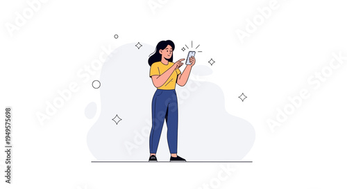 Woman using smartphone, modern flat illustration, technology concept