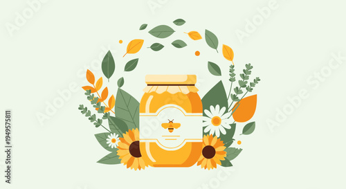 Honey jar with flowers and leaves.