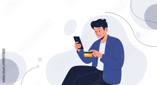 Man using smartphone and credit card for online payment, digital banking concept