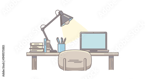 Office desk with computer and chair.