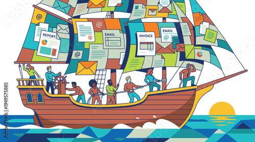 Colorful Cartoon Sailing Ship with Crew and Ocean Scene.