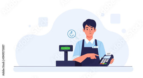 Cashier using payment terminal at checkout counter, retail, customer service, modern payment