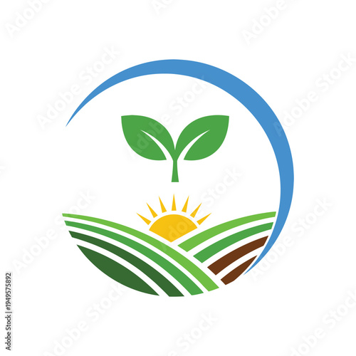 Green seedling grows in fertile farmland under bright sun with blue arc symbolizing growth and sustainability, organic agriculture concept