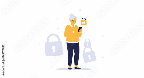 Elderly Woman Securing Digital Information on Smartphone with Padlock Icons