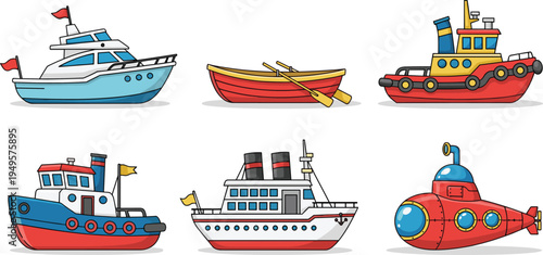 Cartoon watercraft set featuring yacht, tugboat, cruise ship, submarine, and rowboat for marine, transport, and educational design.