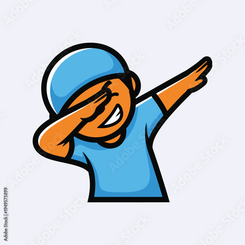 Happy boy doing dab dance move with orange skin blue shirt and cap isolated cartoon character having fun celebrating success joyful gesture