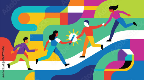 People Running Up Colorful Stairs Illustration.