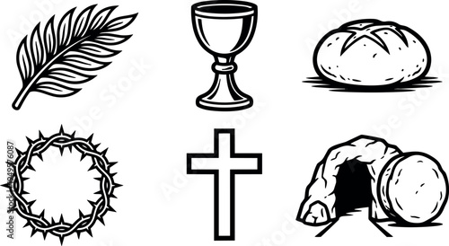 Black and white line art of palm leaf chalice bread cross crown of thorns and empty tomb religious symbols collection