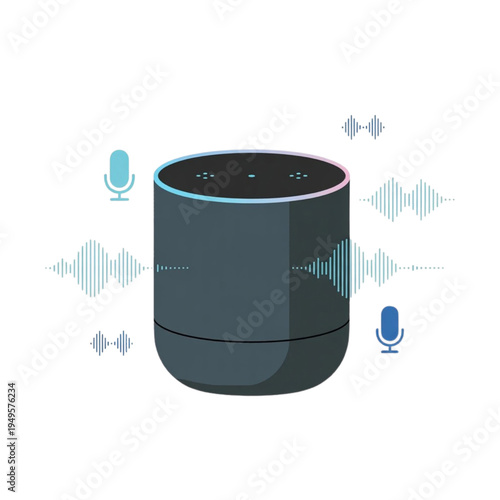 Smart speaker with sound wave icons floating around it