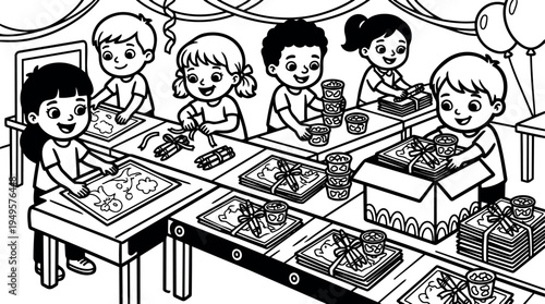 Black and white line art children packing food boxes at school tables with happy expressions in organized group activity