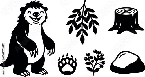 Smiling friendly cartoon sloth standing with claw print tree stump berries branch and rock icons in bold simple black silhouette style