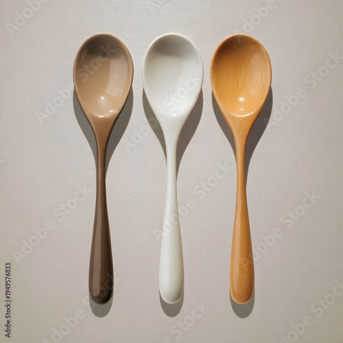 Wooden kitchen utensils with spoons and fork on white background