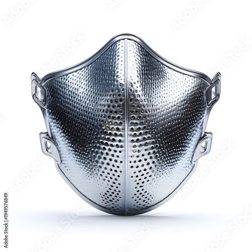 Silver metal shield isolated on white background with mesh design and steel equipment pattern