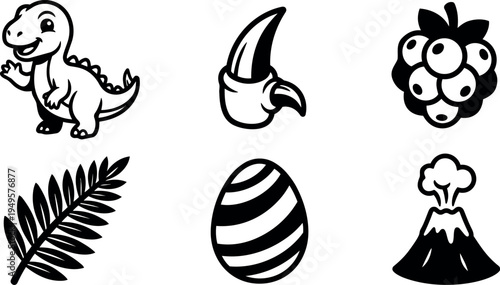 Cute smiling dinosaur cartoon with claw berry leaf striped egg and erupting volcano icons in black and white vector