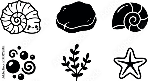 Black and white vector collection of sea shells starfish seaweed bubbles simple marine icons isolated on white background