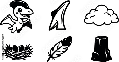Cute cartoon baby pterodactyl flying with smiling face alongside dinosaur claw cloud nest feather and rock icons