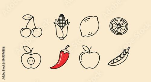 Outlined fruits and vegetables illustration