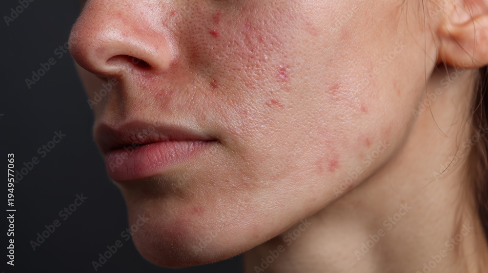 Fototapeta premium acne on woman face with rash skin, scar, and red skin syndrome allergic to cosmetics, use steroids, dermatology, inflammation, infection, hygiene