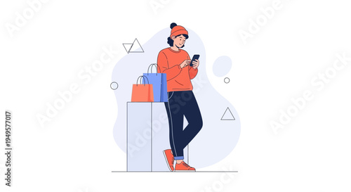 Woman with Shopping Bags Using Smartphone, Online Shopping Concept, Flat Design