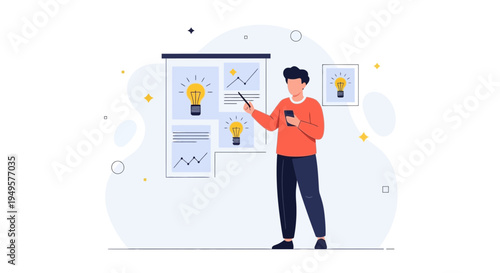 Man presenting ideas on a whiteboard with lightbulbs and charts, business concept