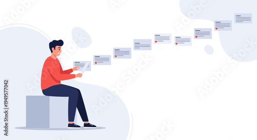 Man reviewing feedback cards, positive reviews, customer satisfaction, user experience