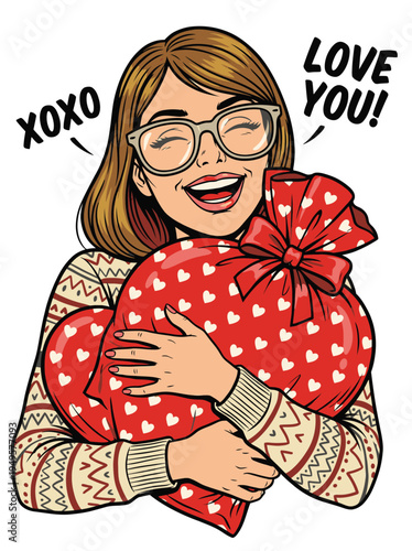 Happy Woman Hugging Heart-Shaped Gift Box for Love Celebration.