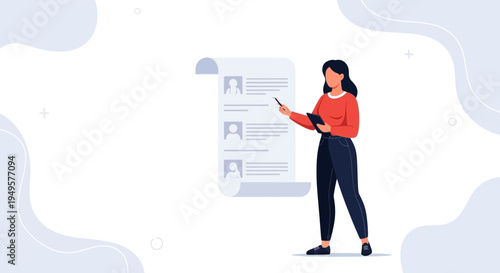 Woman pointing at a list of candidates on a scroll, recruitment concept