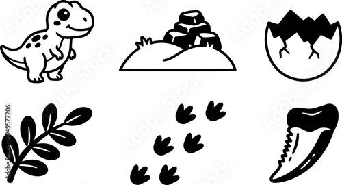 Cute smiling dinosaur with footprints egg shell tooth leaf and nest icons in black and white vector art set