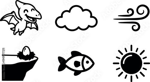 Cute happy cartoon pterodactyl flying above nest with egg cliff fish symbol sun and cloud weather icons set