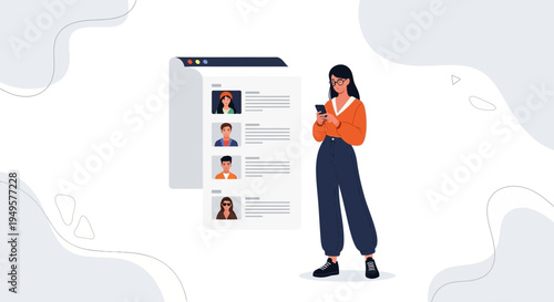 Woman using smartphone near digital profile list on screen, online recruitment concept