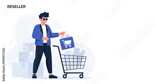 Reseller adding shopping cart icon to trolley with boxes, e-commerce concept