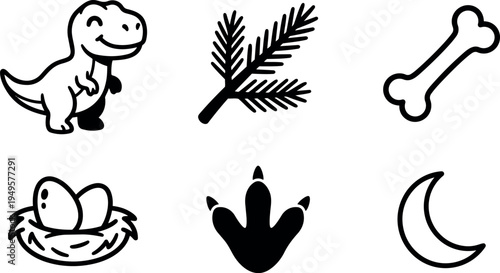 Cartoon style happy dinosaur with egg nest pine branch bone footprint and crescent moon icons in simple black line design