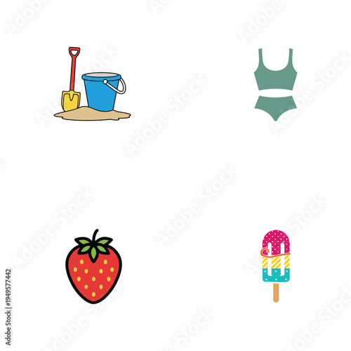 Summer Beach Vacation Icon Set with Strawberry Ice Cream