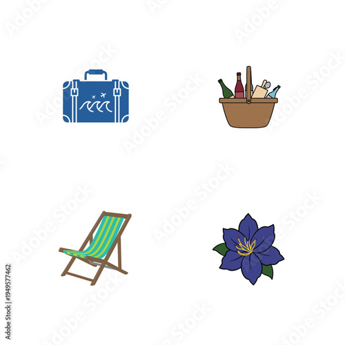 Summer Vacation Travel Concept with Suitcase, Beach Chair, Picnic Basket and Flower