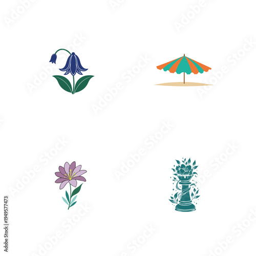 Colorful Summer Flowers and Beach Umbrella Illustrations
