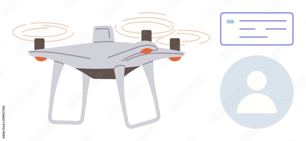 Fototapeta premium quadcopter navigation, remote control, surveillance, technology integration, user interaction, modern devices. A Quadcopter alongside a user profile icon and an interface graphic. Drone technology