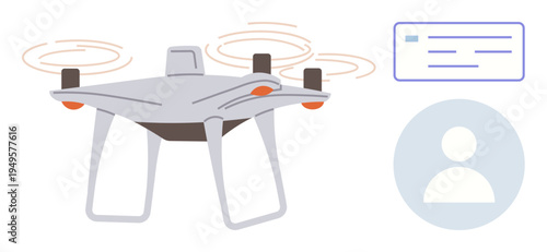 quadcopter navigation, remote control, surveillance, technology integration, user interaction, modern devices. A Quadcopter alongside a user profile icon and an interface graphic. Drone technology