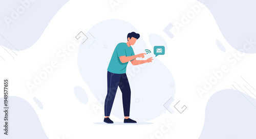 Man using smartphone for communication, sending message with wifi signal icon