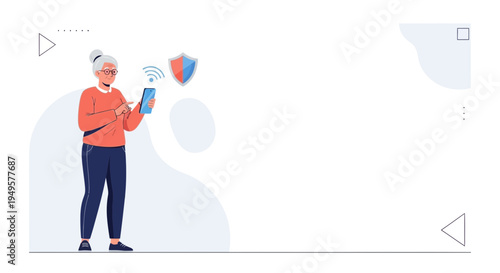 Elderly woman using smartphone for secure online banking and communication