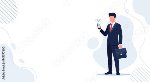 Businessman with Smartphone and Briefcase on Abstract Background