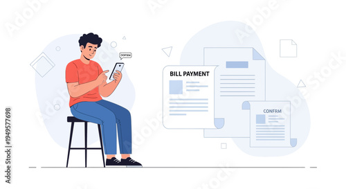 Man Paying Bills Online Using Mobile Phone, Digital Finance and E-commerce Concept
