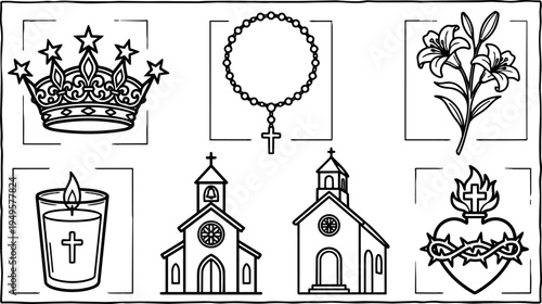 Black line art religious symbols including crown rosary flower candle church and sacred heart vector set