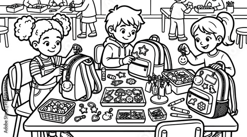 Black and white line art three children decorating backpacks with star smiley flower keychain charms at classroom table