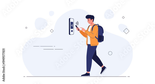 Man using smartphone for contactless payment or access control at a terminal