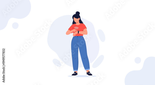 Woman in casual clothes checking smartwatch, modern lifestyle, technology concept