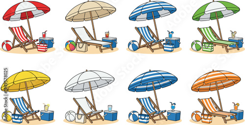 Set of colorful beach vacation scenes with umbrellas deck chairs cooler boxes beach bags balls and summer drinks flat vector illustration