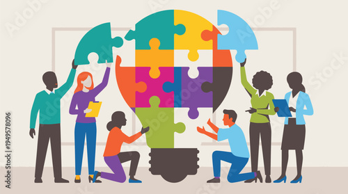 Group of Diverse People Collaborating on Puzzle Lightbulb.
