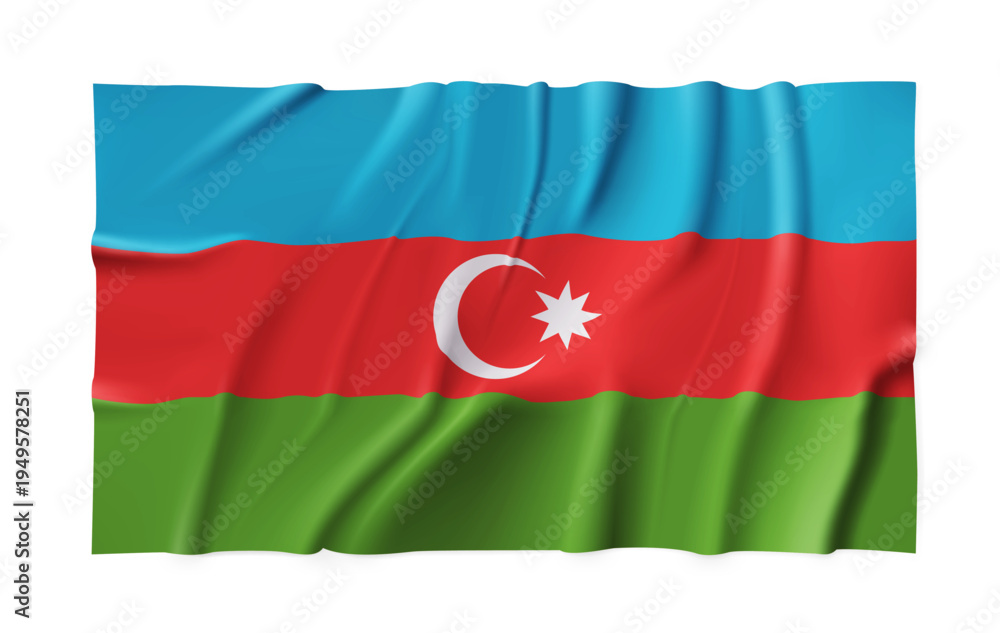 Obraz premium Realistic Azerbaijan country flag isolated on a transparent background. Silk atlas detailed fabric flag. Vector PNG